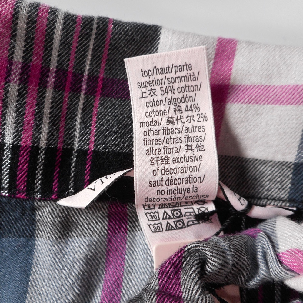 NWT Victoria Secret Flannel Pajama Set XXL 3pc Lounge Black Gray Hot Pink Plaid - Picture 14 of 15